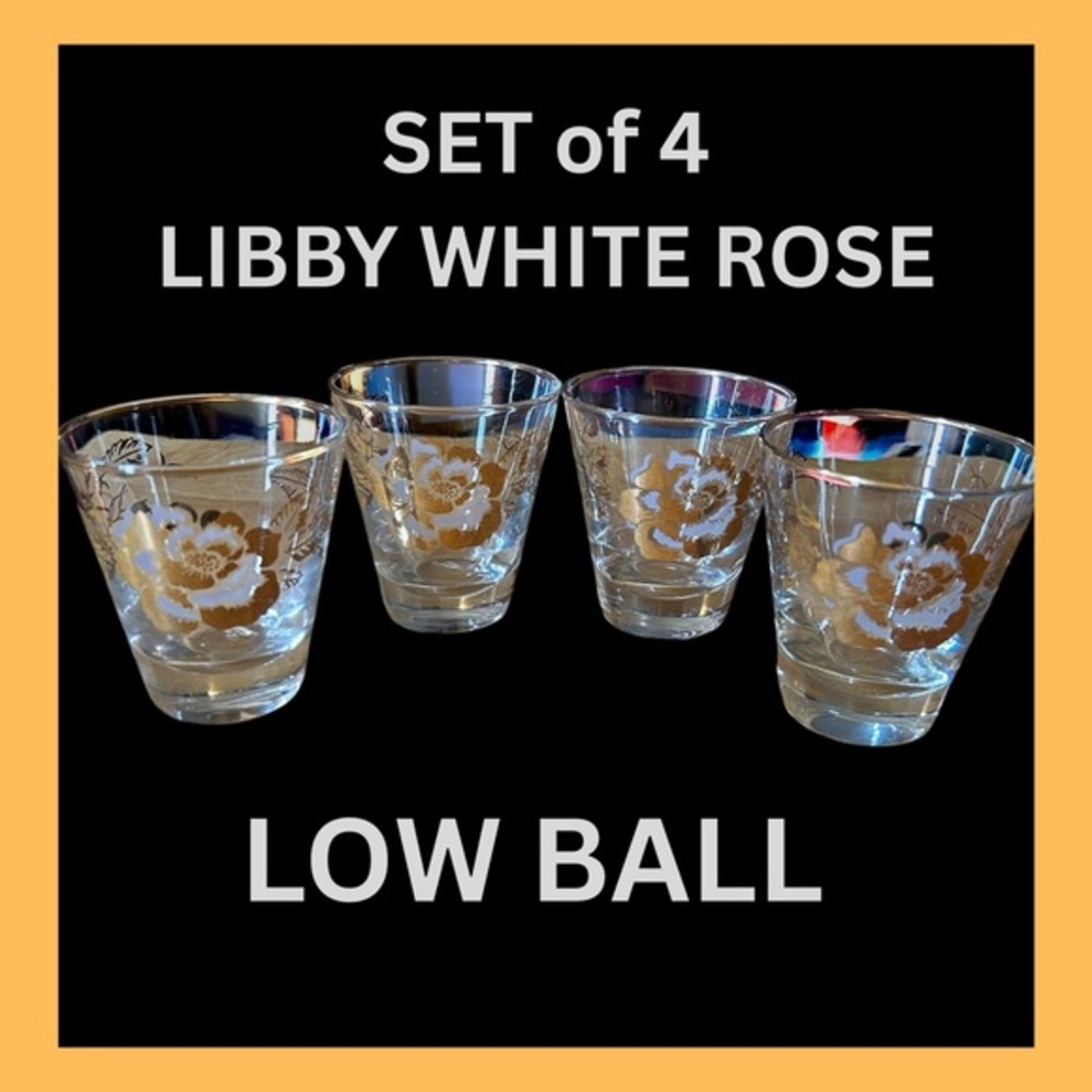 Set of 4 Mid-century Libby White Rose Low Ball Glasses.